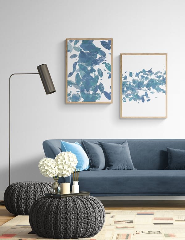 Set of 2 Blue Watercolour Art Leaf Minimalist Abstract Wall Art Print
