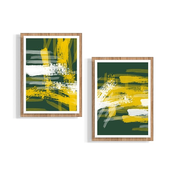 Set of 2 Yellow Green Abstract Brush Line Art_Artsford Studios